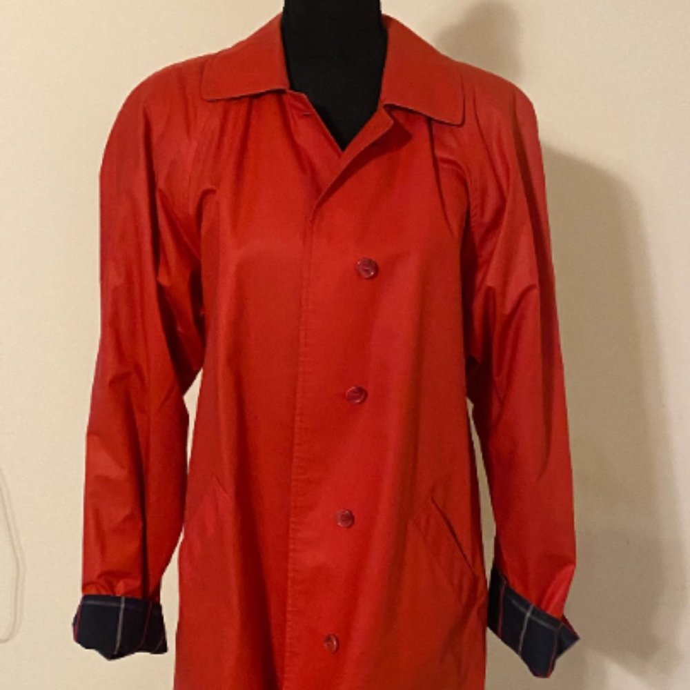 Vintage Burberrys Red Long Polyester Trench Coat, Belted waist, Burberry